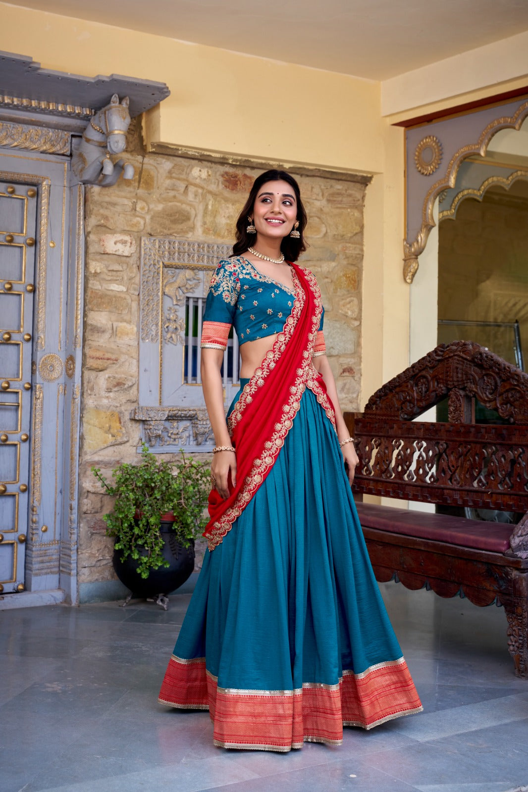 Teal Blue Zari Weaving Vichitra Silk Lace Border Belt With Sequins Lace Lehenga choli