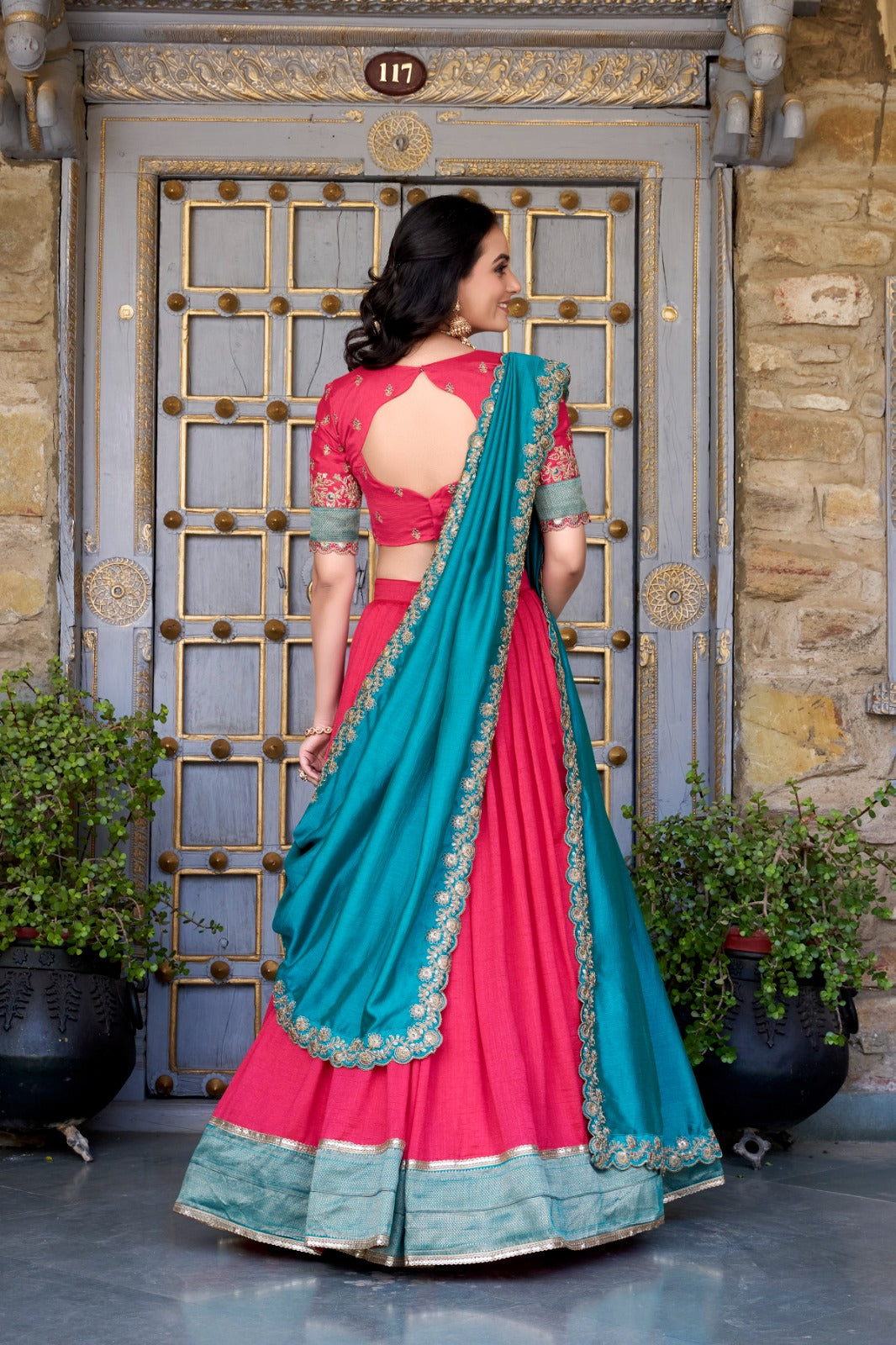 Pink Zari Weaving Vichitra Silk Lace Border Belt With Sequins Lace Lehenga choli