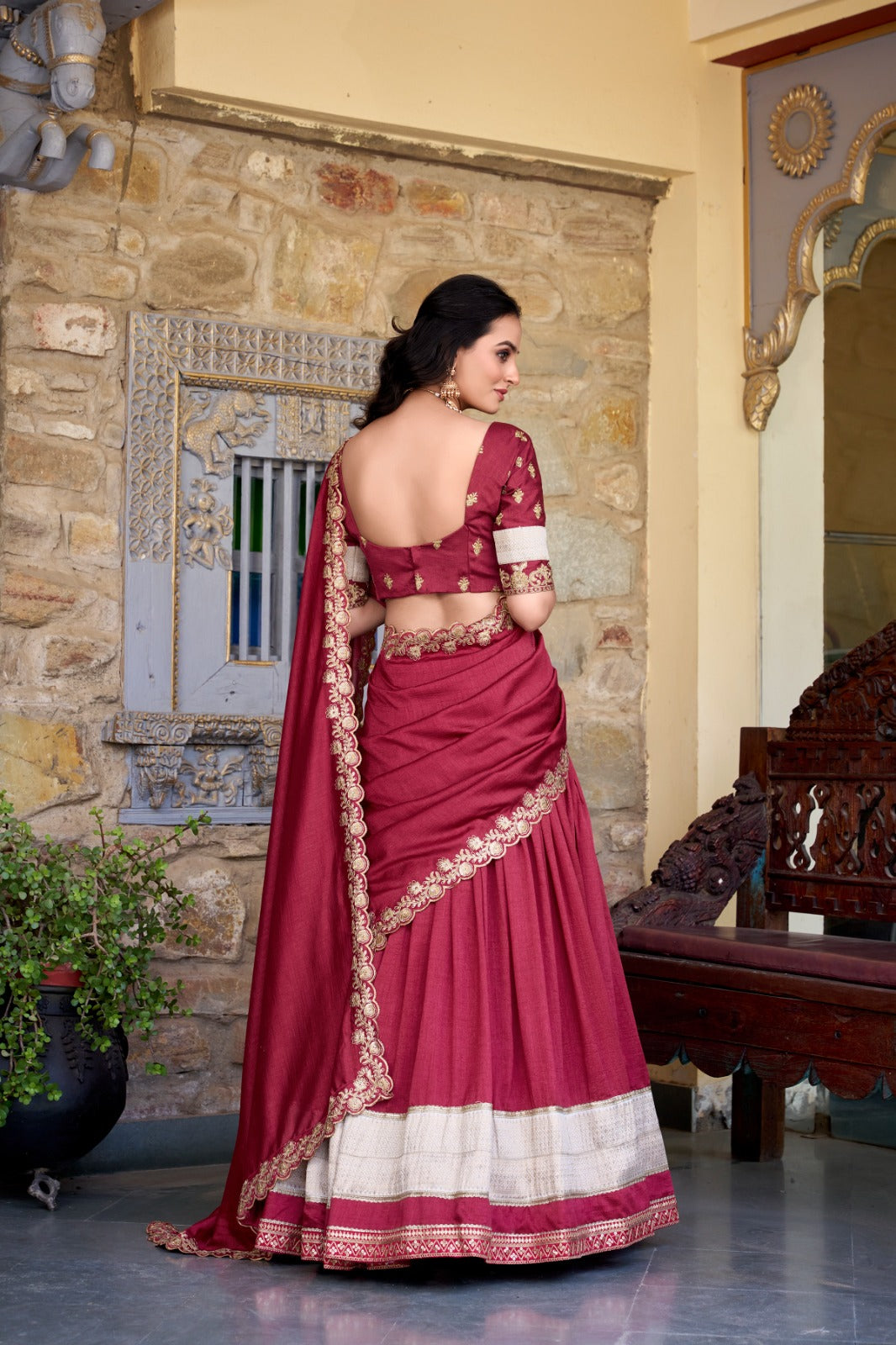 Maroon Zari Weaving Vichitra Silk Lace Border Belt With Sequins Lace Lehenga choli