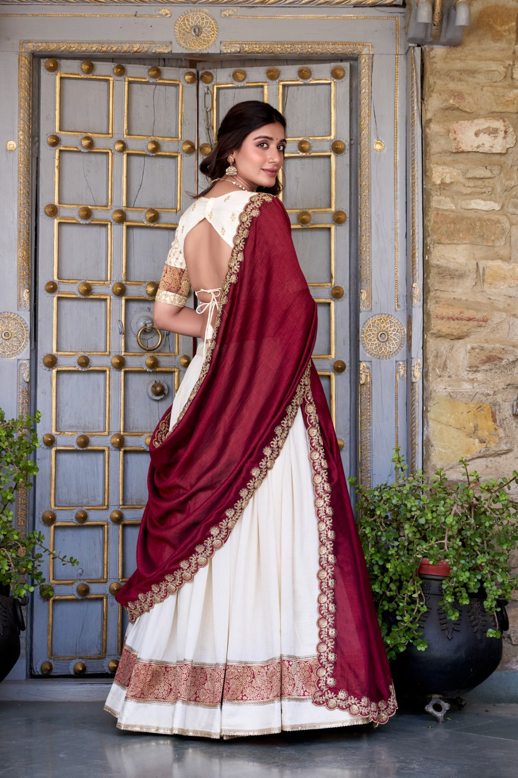 Off White Zari Weaving Vichitra Silk Lace Border Belt With Sequins Lace Lehenga choli