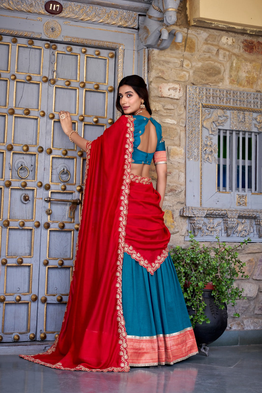 Teal Blue Zari Weaving Vichitra Silk Lace Border Belt With Sequins Lace Lehenga choli