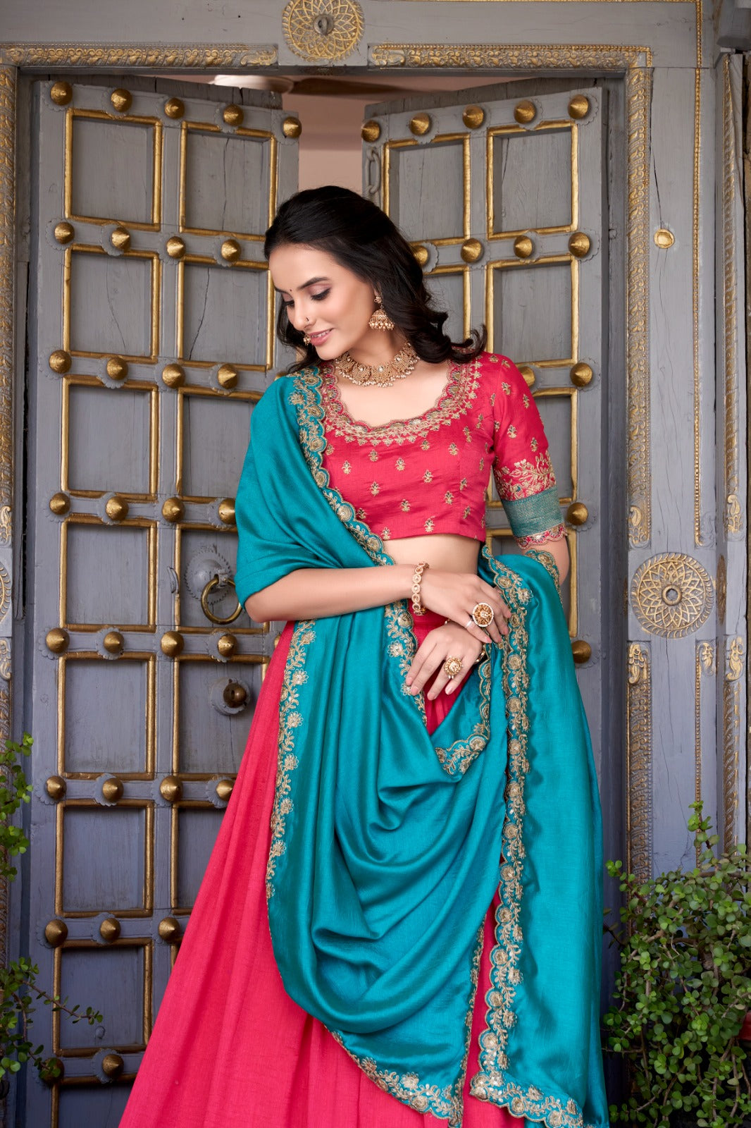 Pink Zari Weaving Vichitra Silk Lace Border Belt With Sequins Lace Lehenga choli