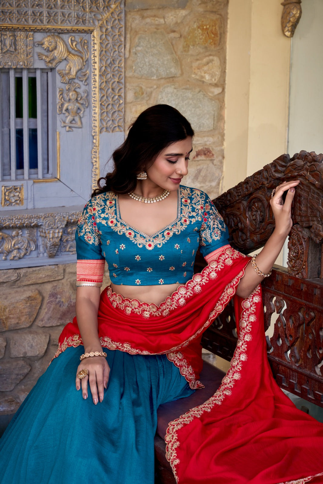 Teal Blue Zari Weaving Vichitra Silk Lace Border Belt With Sequins Lace Lehenga choli