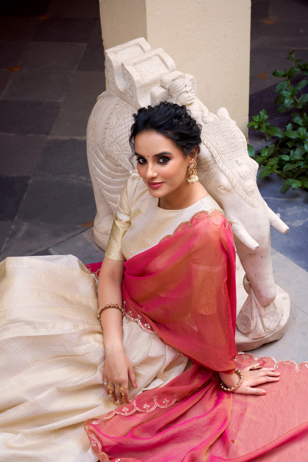 Off White Zari Weaving With Jacquard Chex Lehenga Choli