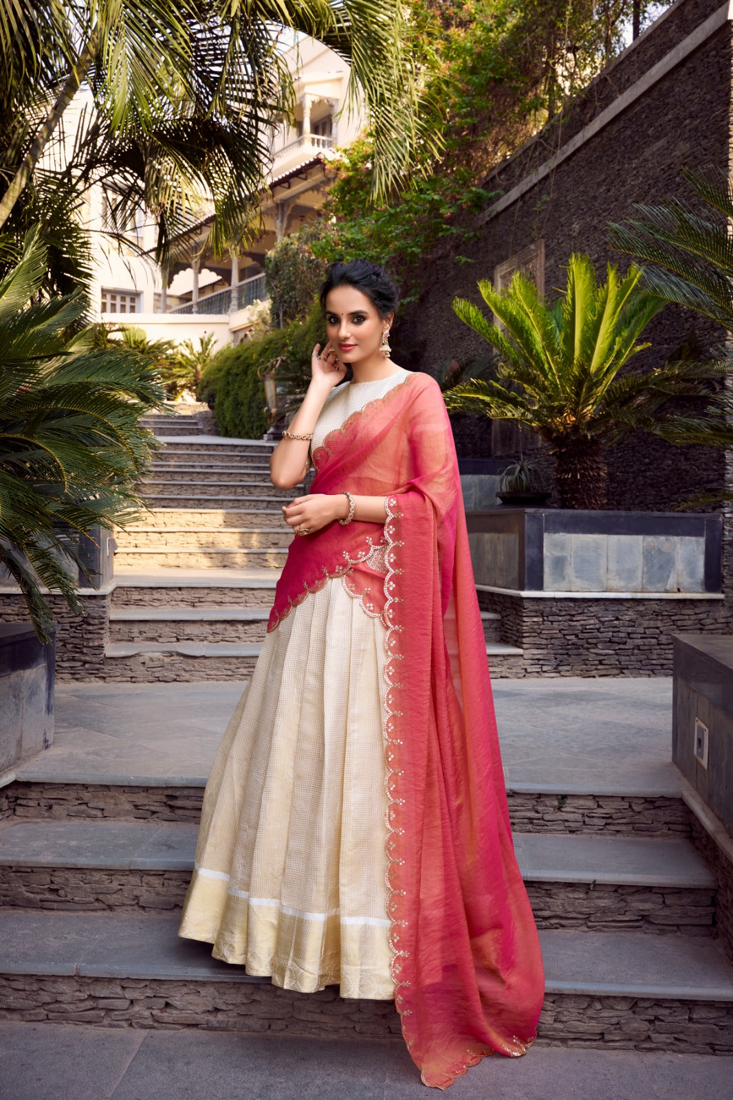 Off White Zari Weaving With Jacquard Chex Lehenga Choli
