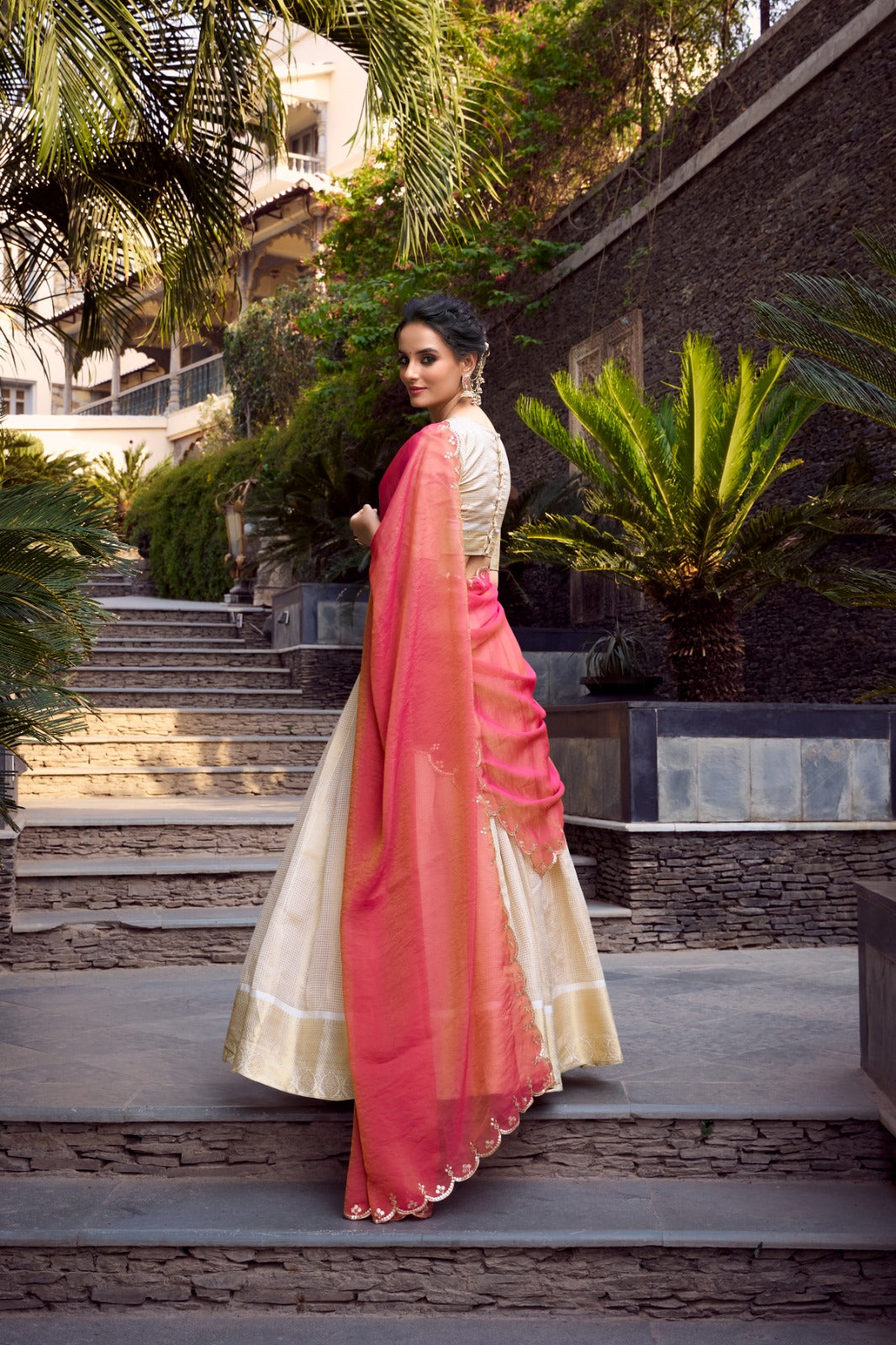 Off White Zari Weaving With Jacquard Chex Lehenga Choli