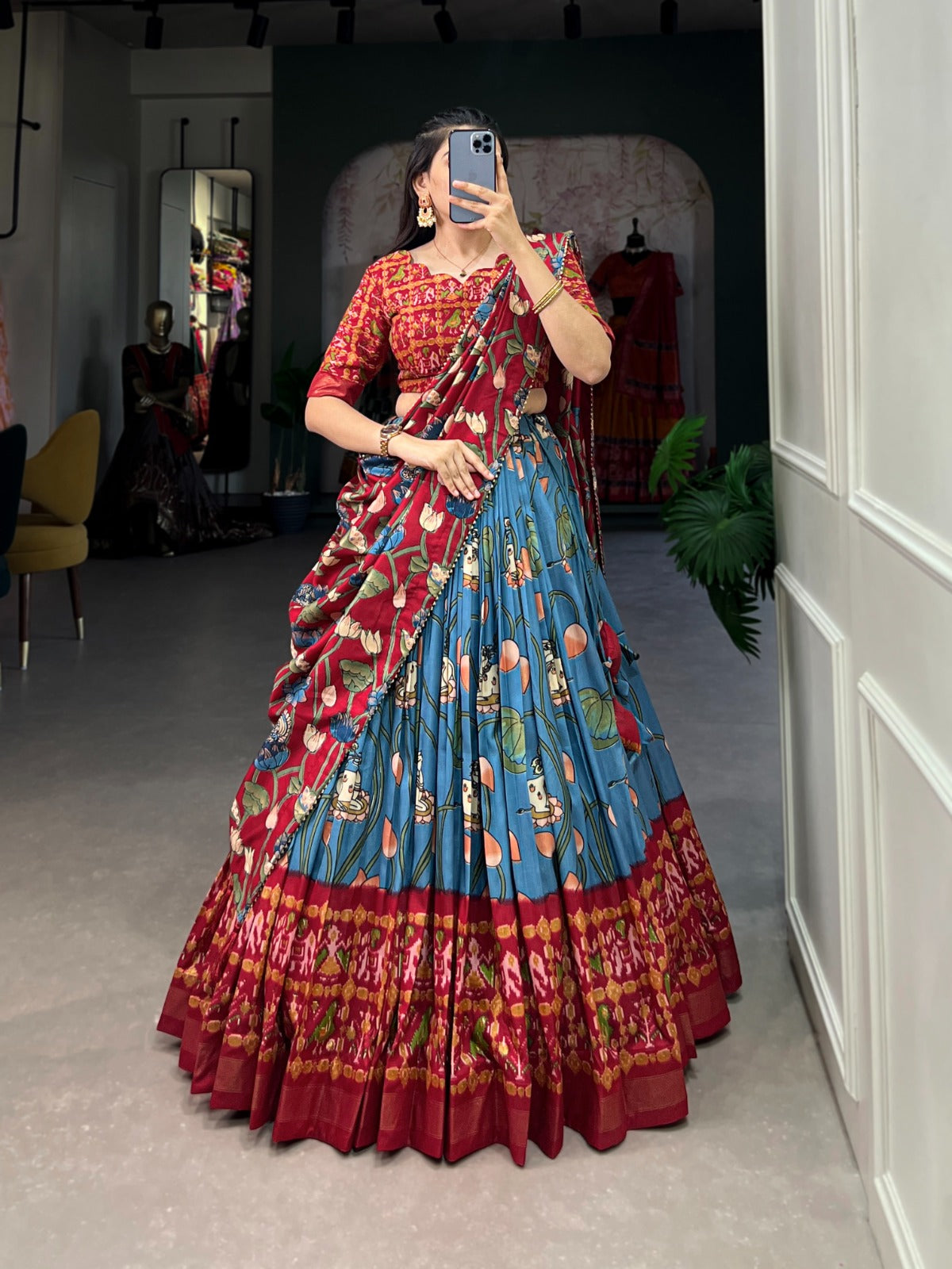 Sky Blue Zari Weaving Pichwai With Patola Print Tussar Silk Lehenga Choli