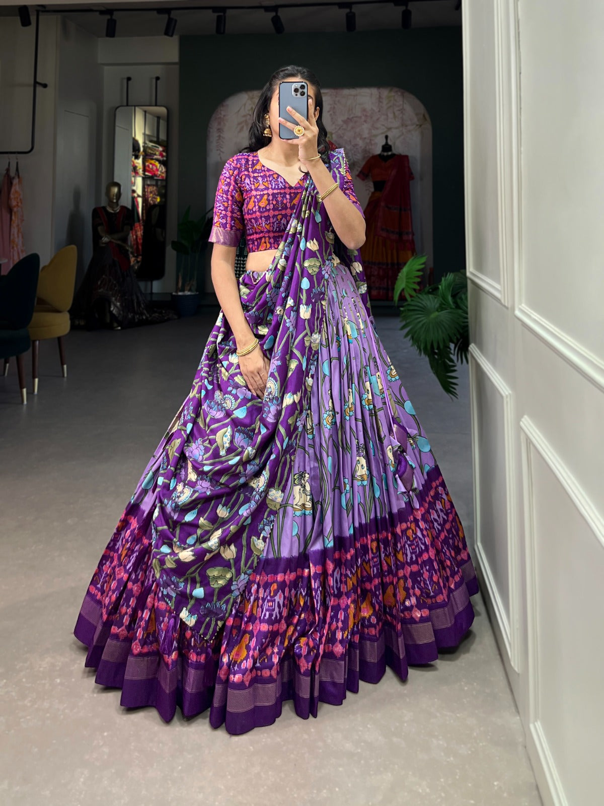 Lavender Zari Weaving Pichwai With Patola Print Tussar Silk Lehenga Choli