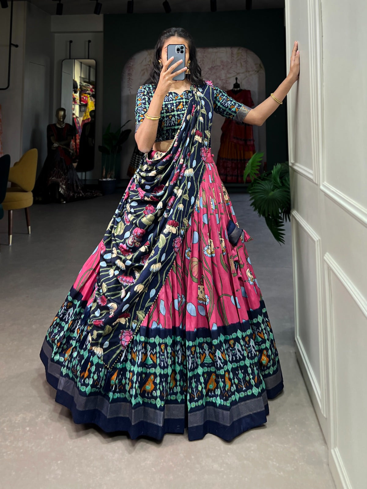 Pink Zari Weaving Pichwai With Patola Print Tussar Silk Lehenga Choli
