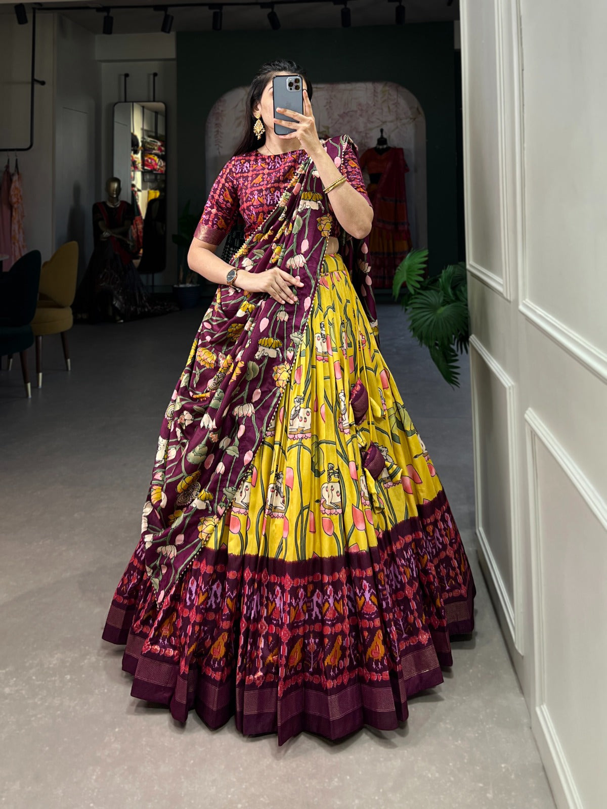 Yellow Zari Weaving Pichwai With Patola Print Tussar Silk Lehenga Choli