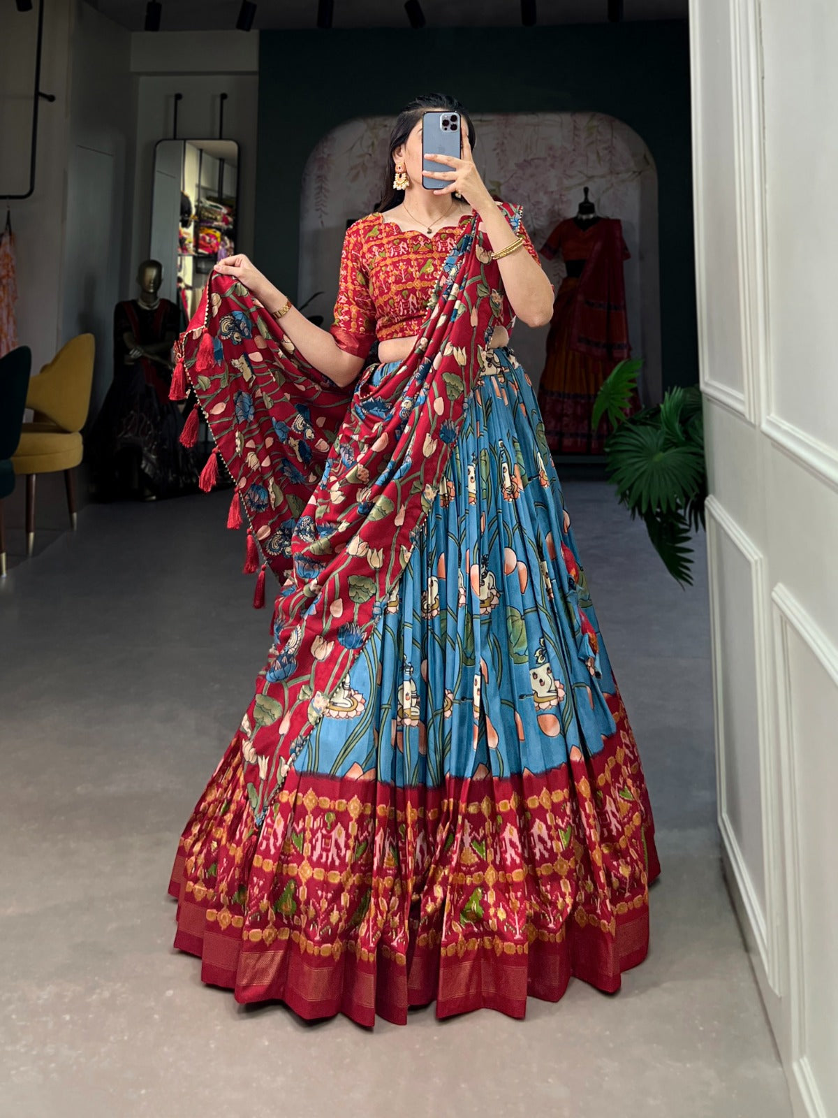 Sky Blue Zari Weaving Pichwai With Patola Print Tussar Silk Lehenga Choli