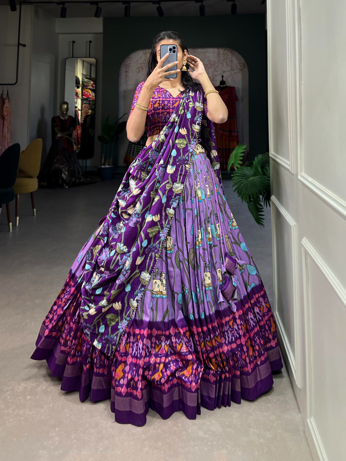 Lavender Zari Weaving Pichwai With Patola Print Tussar Silk Lehenga Choli