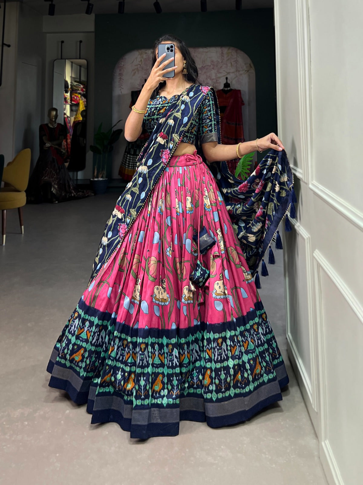 Pink Zari Weaving Pichwai With Patola Print Tussar Silk Lehenga Choli