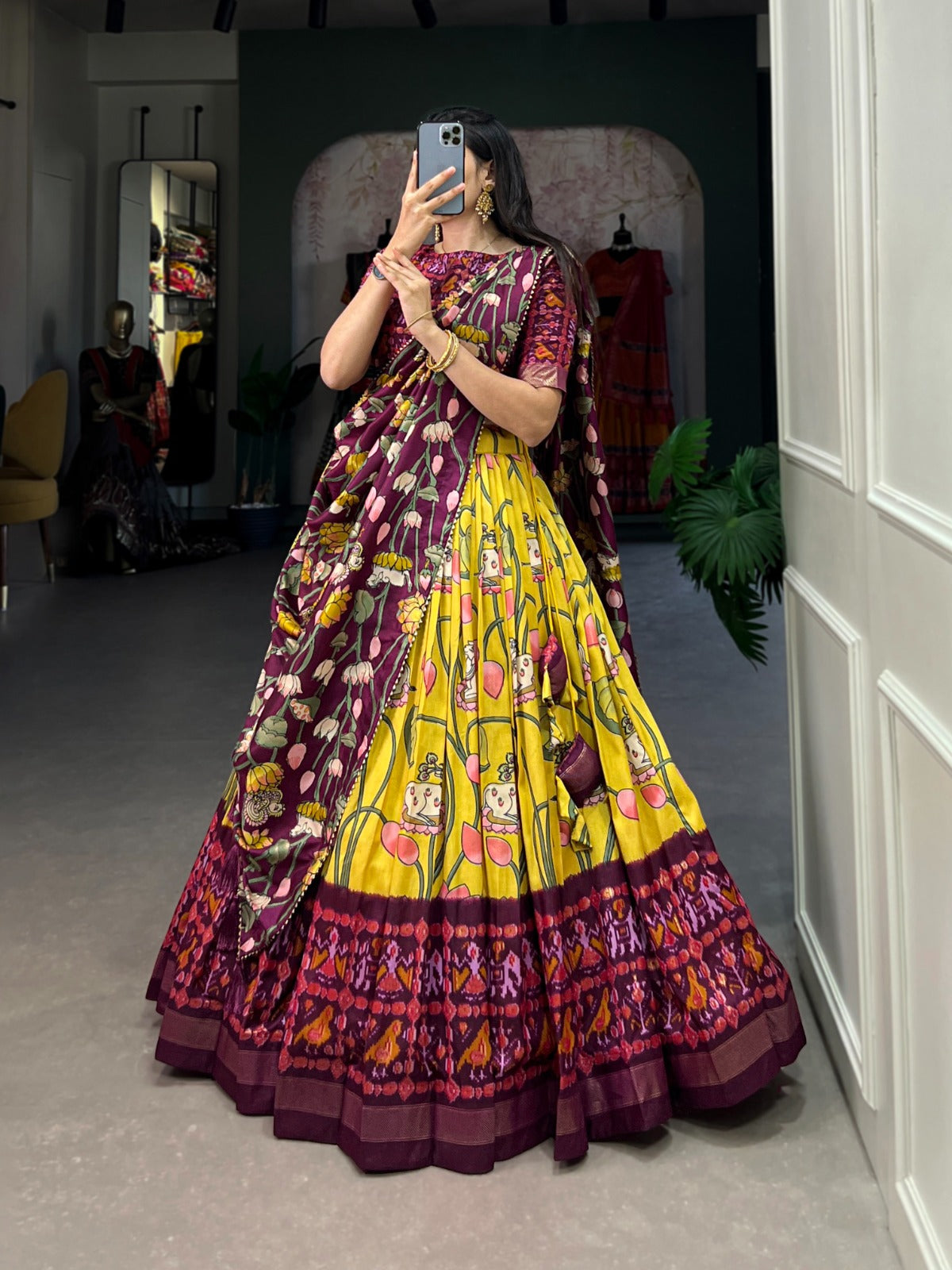 Yellow Zari Weaving Pichwai With Patola Print Tussar Silk Lehenga Choli