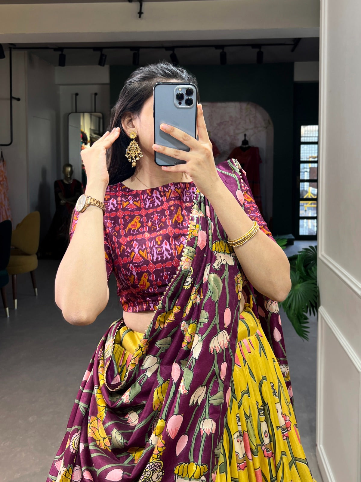 Yellow Zari Weaving Pichwai With Patola Print Tussar Silk Lehenga Choli
