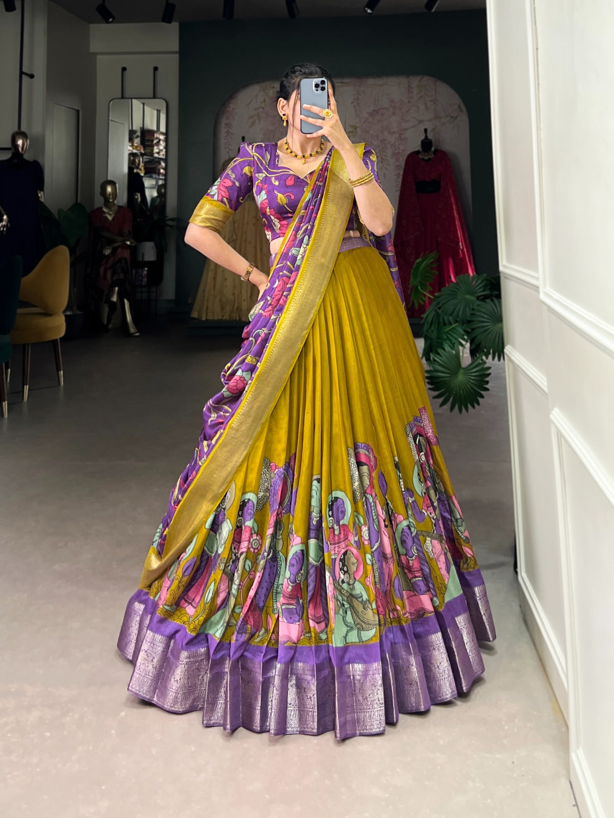 Mustad Zari Weaving Printed Kalamkari Printed Dola Silk Lehenga Choli