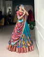 Blue Zari Weaving Printed Kalamkari Printed Dola Silk Lehenga Choli