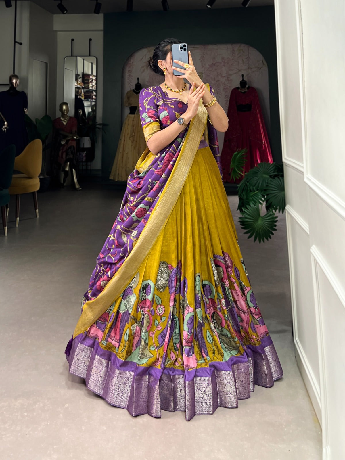 Mustad Zari Weaving Printed Kalamkari Printed Dola Silk Lehenga Choli