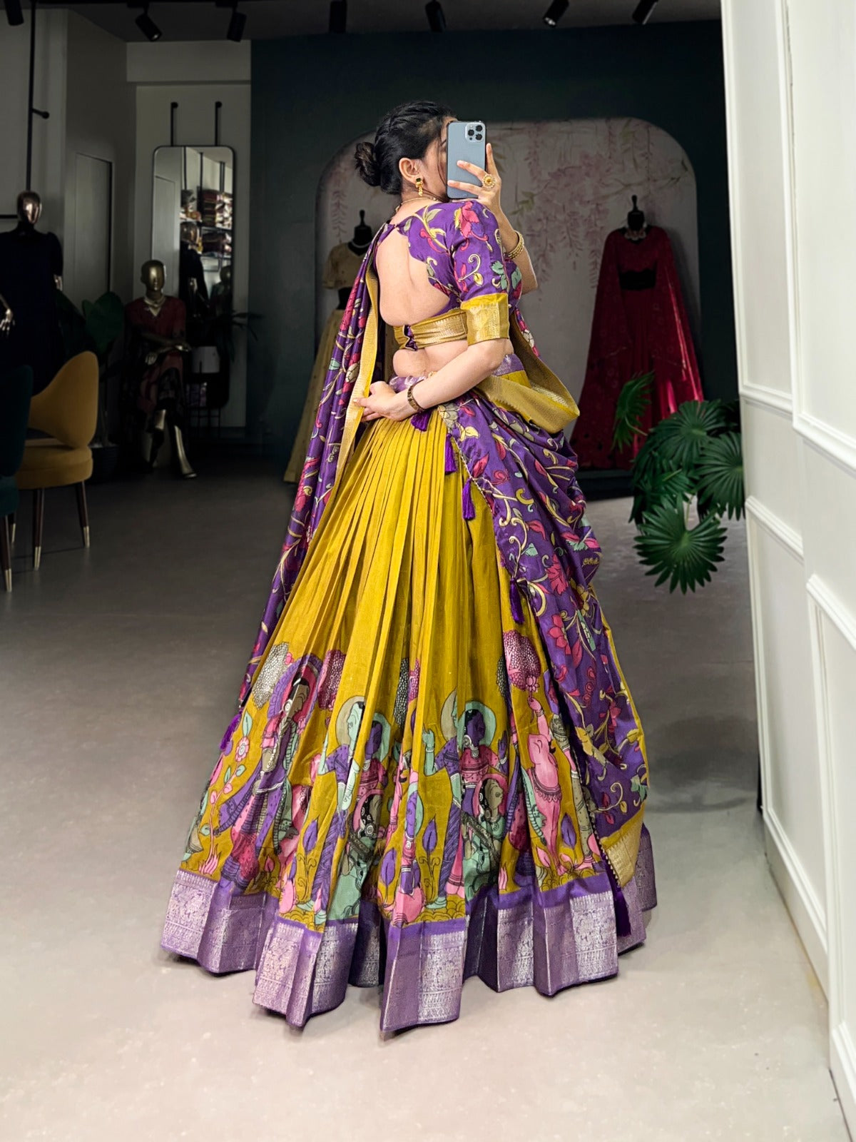Mustad Zari Weaving Printed Kalamkari Printed Dola Silk Lehenga Choli