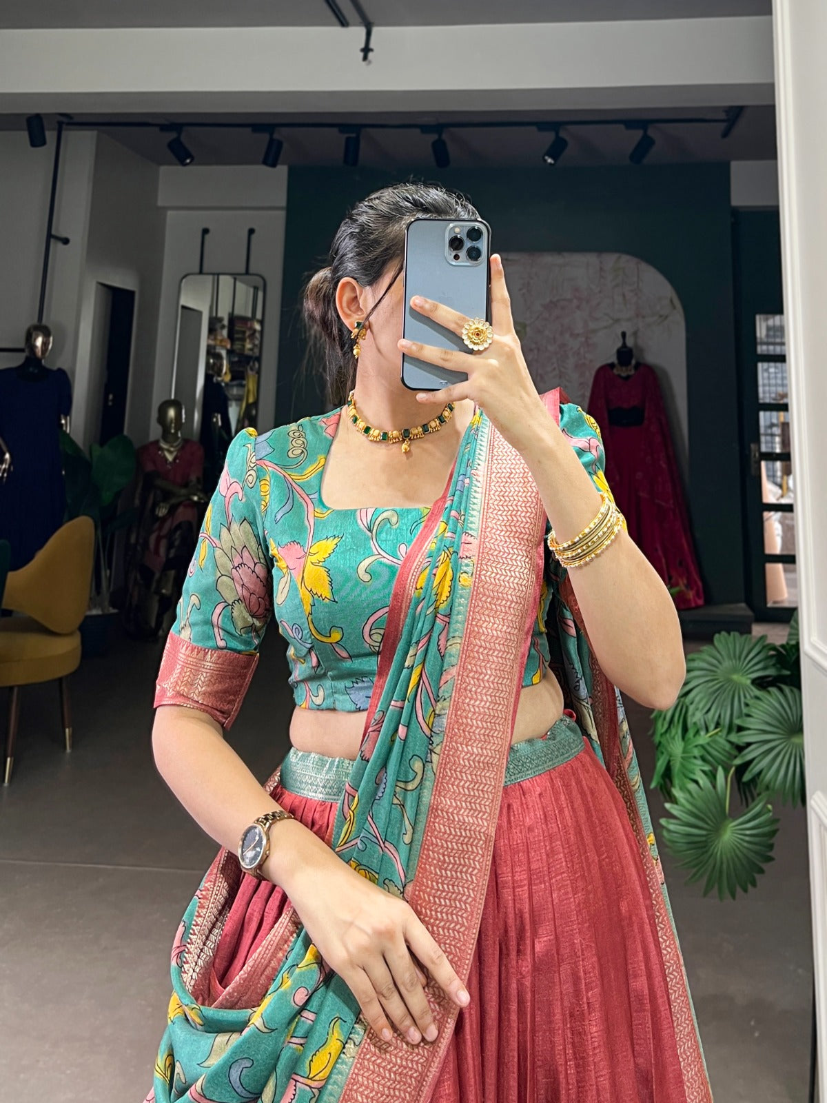 Marron Zari Weaving Printed Kalamkari Printed Dola Silk Lehenga Choli