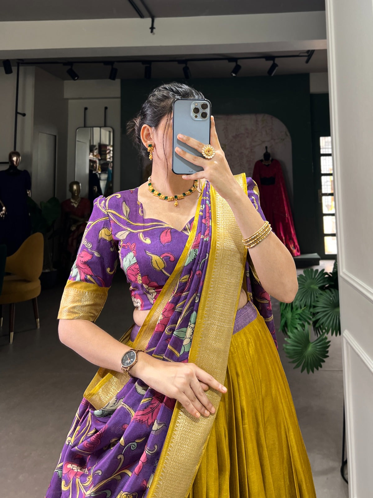 Mustad Zari Weaving Printed Kalamkari Printed Dola Silk Lehenga Choli