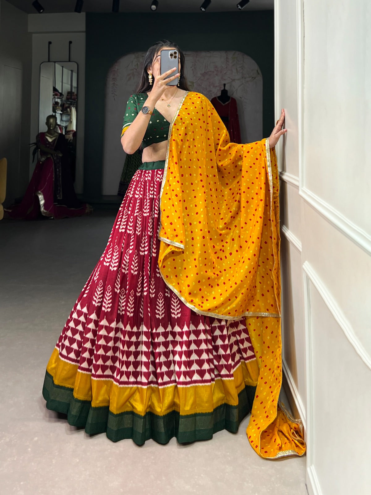 Maroon And Yellow Tusser Silk Print With Foil Work Lehenga Choli