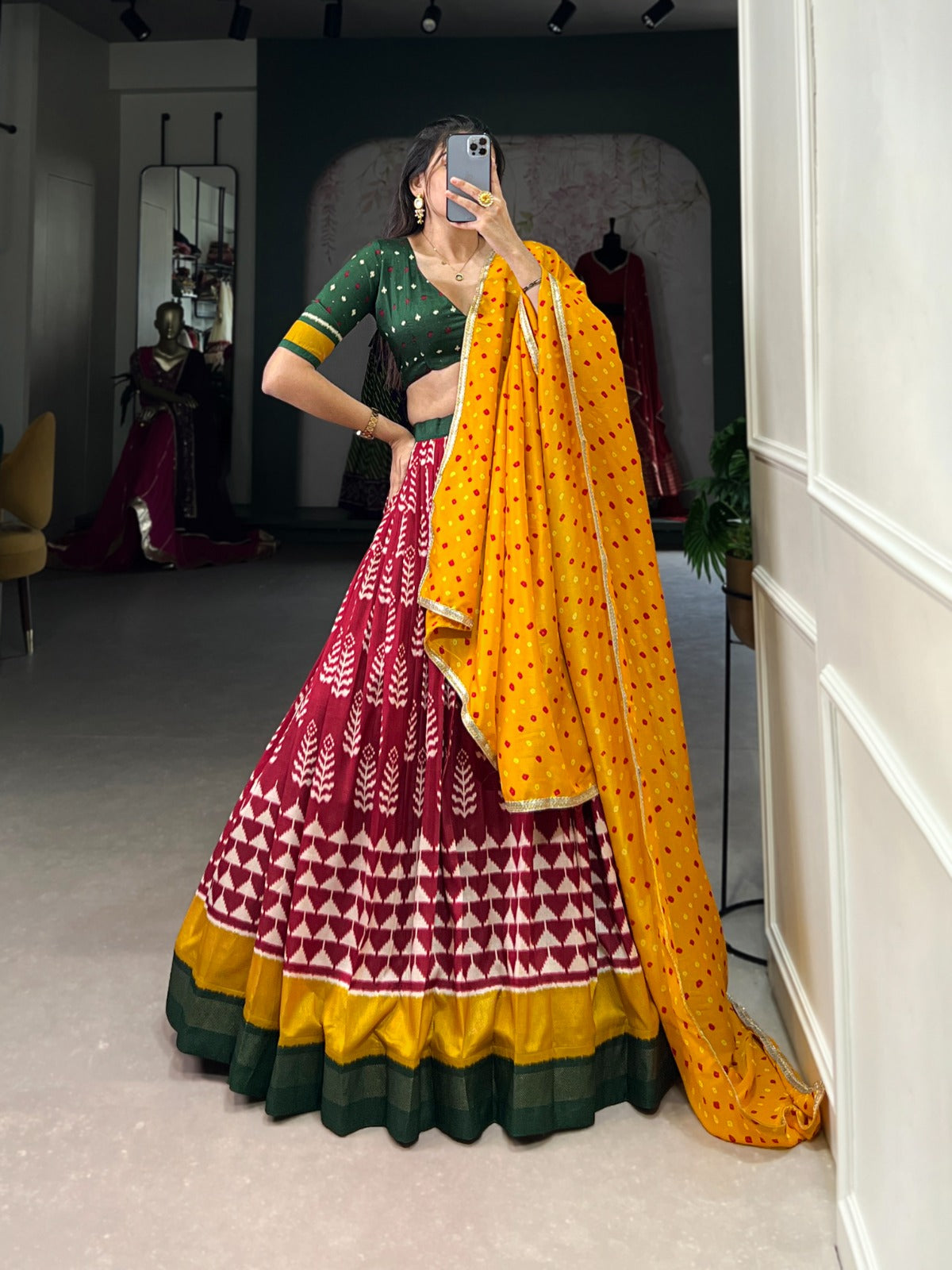 Maroon And Yellow Tusser Silk Print With Foil Work Lehenga Choli
