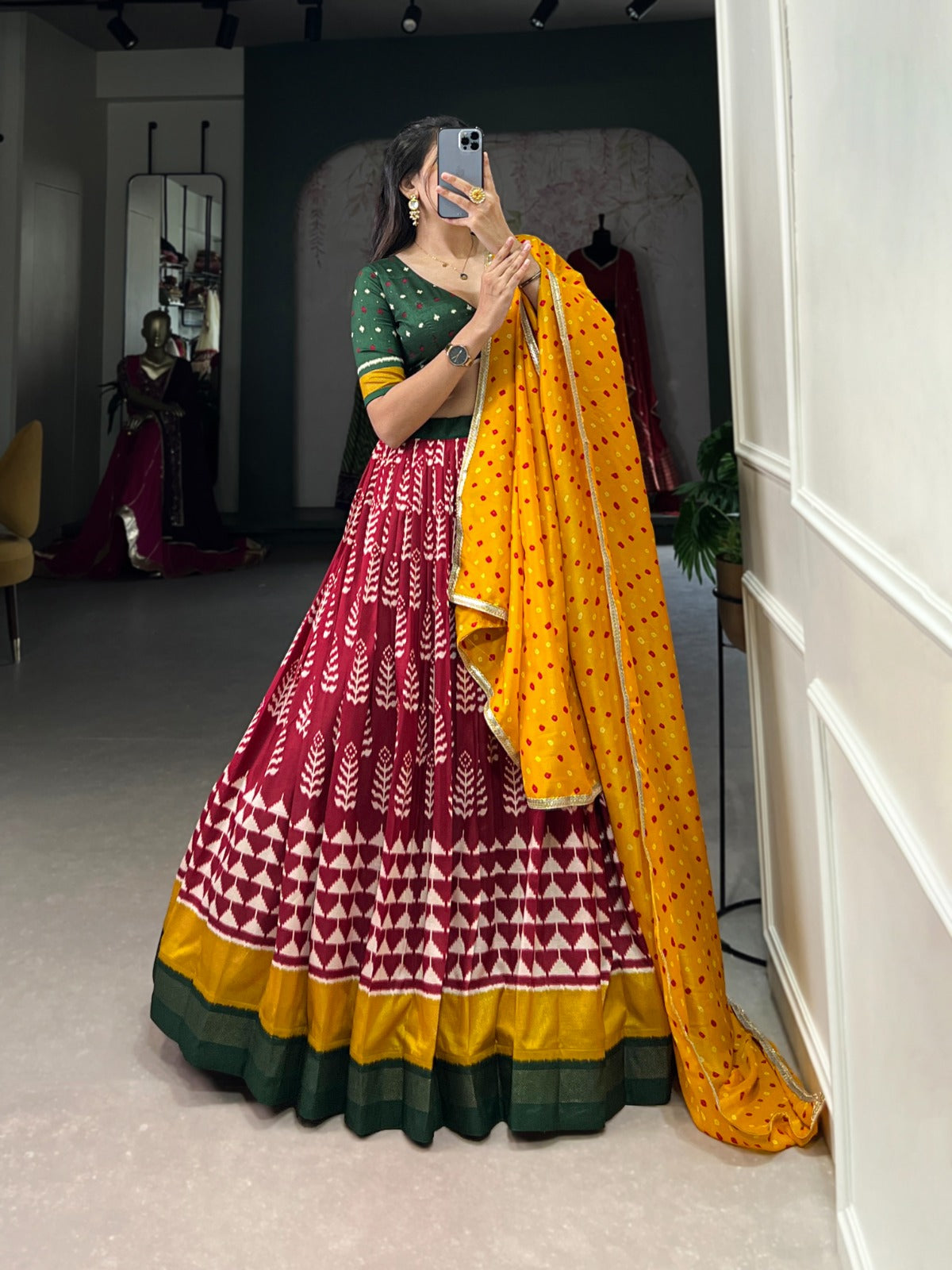 Maroon And Yellow Tusser Silk Print With Foil Work Lehenga Choli