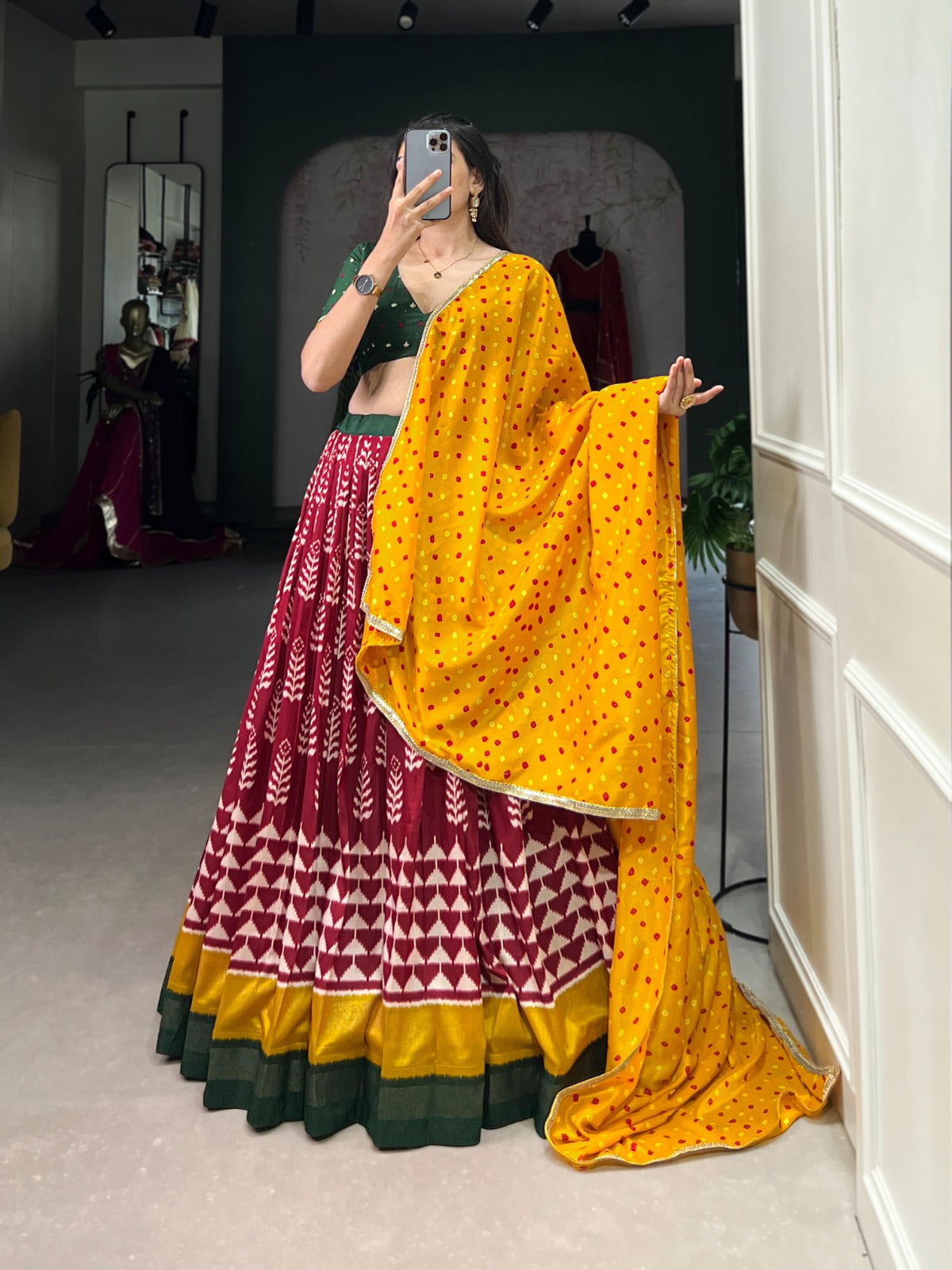 Maroon And Yellow Tusser Silk Print With Foil Work Lehenga Choli