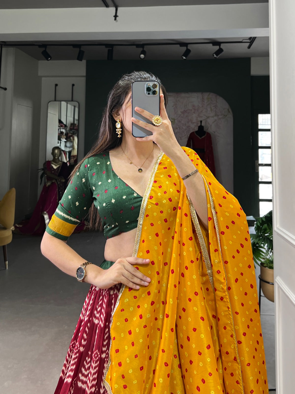 Maroon And Yellow Tusser Silk Print With Foil Work Lehenga Choli