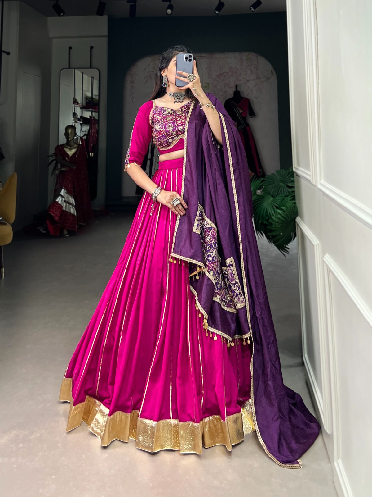Pink Pure Chanderi Silk Zari Line Gota Patti Embossed Design Lehenga Choli