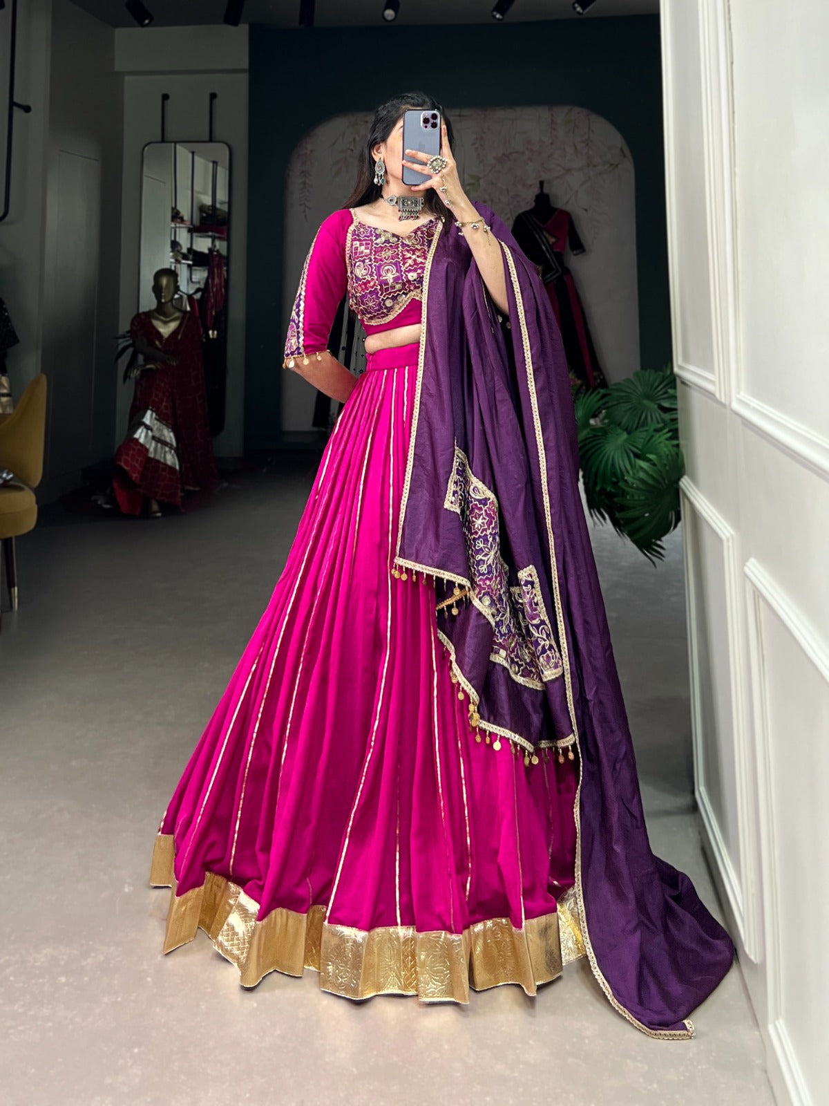 Pink Pure Chanderi Silk Zari Line Gota Patti Embossed Design Lehenga Choli