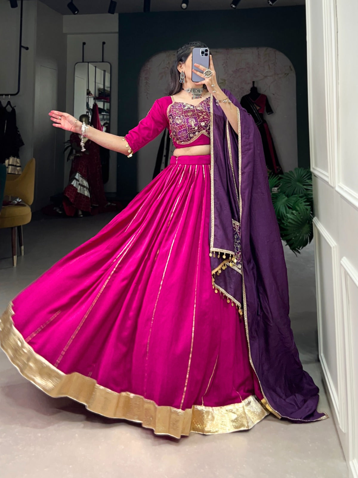 Pink Pure Chanderi Silk Zari Line Gota Patti Embossed Design Lehenga Choli