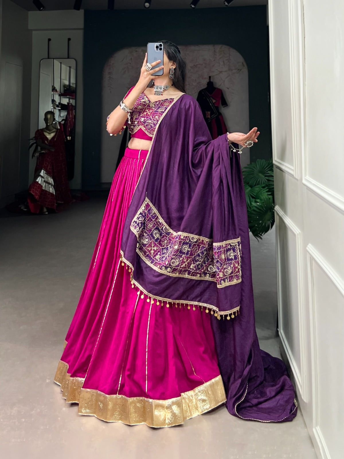 Pink Pure Chanderi Silk Zari Line Gota Patti Embossed Design Lehenga Choli