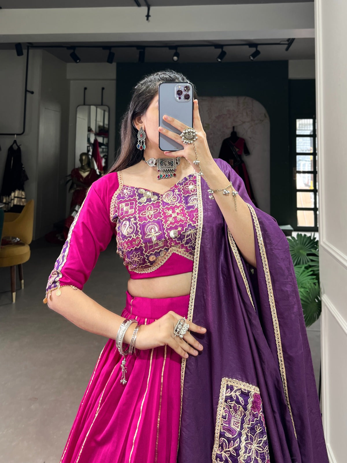 Pink Pure Chanderi Silk Zari Line Gota Patti Embossed Design Lehenga Choli