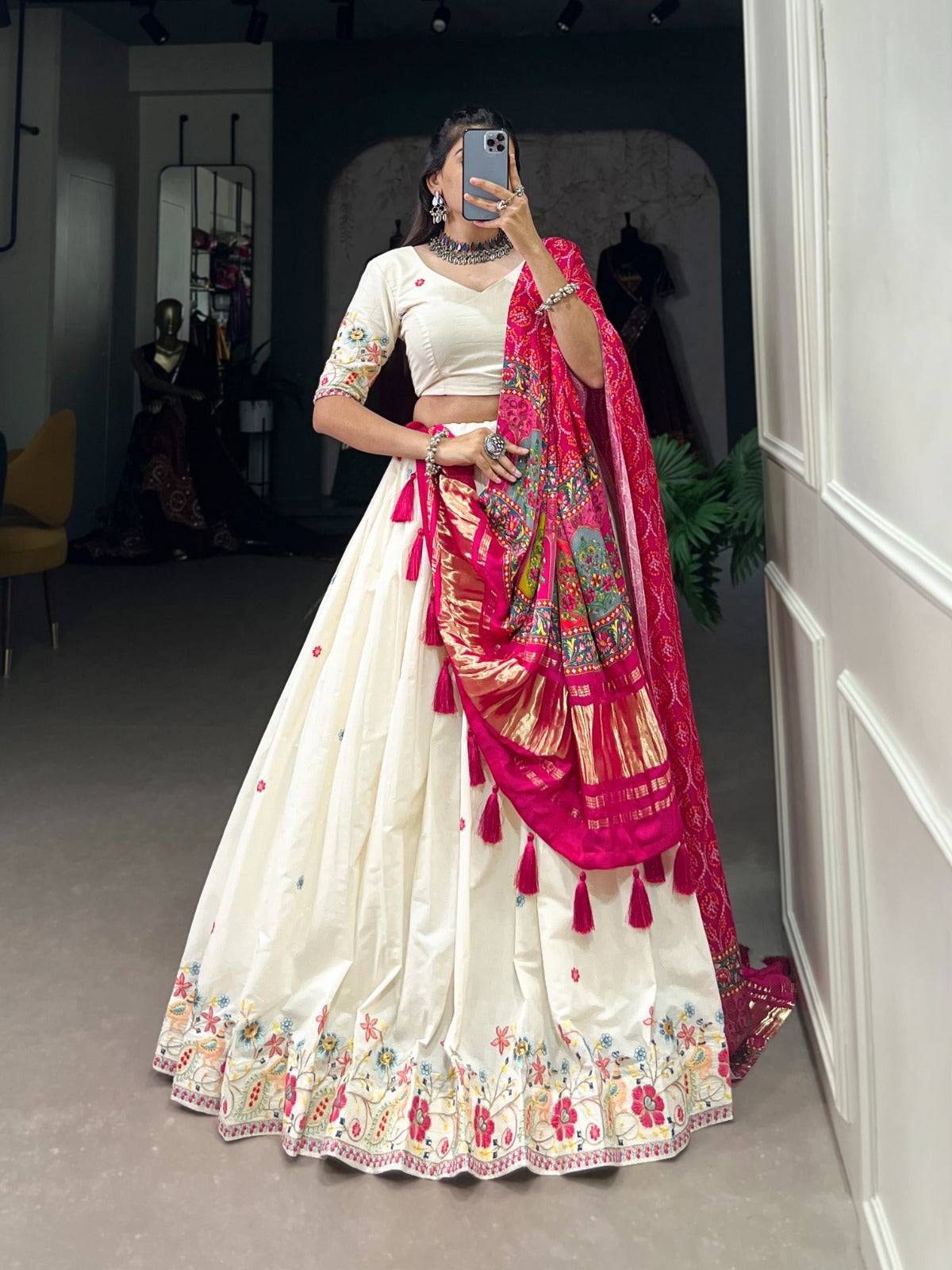 Temple Design Khadi Cotton Sequins Embroidered Lehenga Choli
