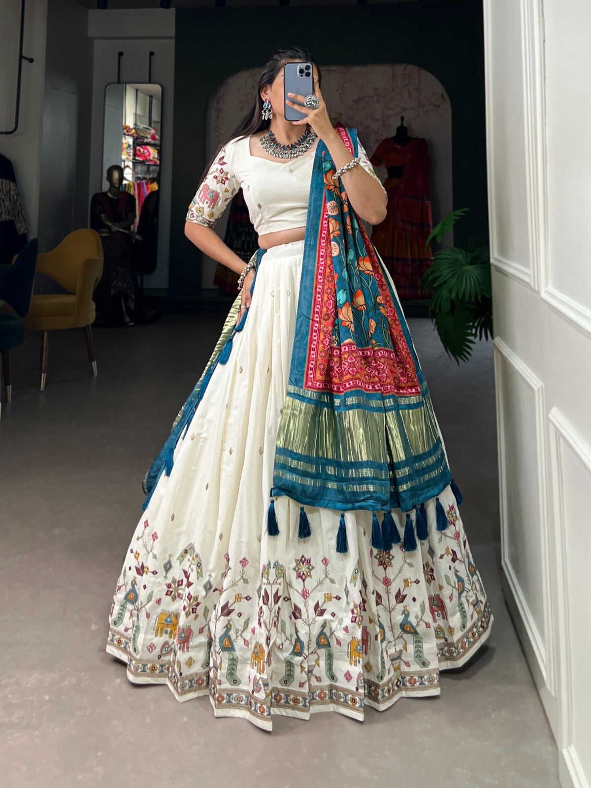 Peacock Design Khadi Cotton Sequins Embroidered Lehenga Choli