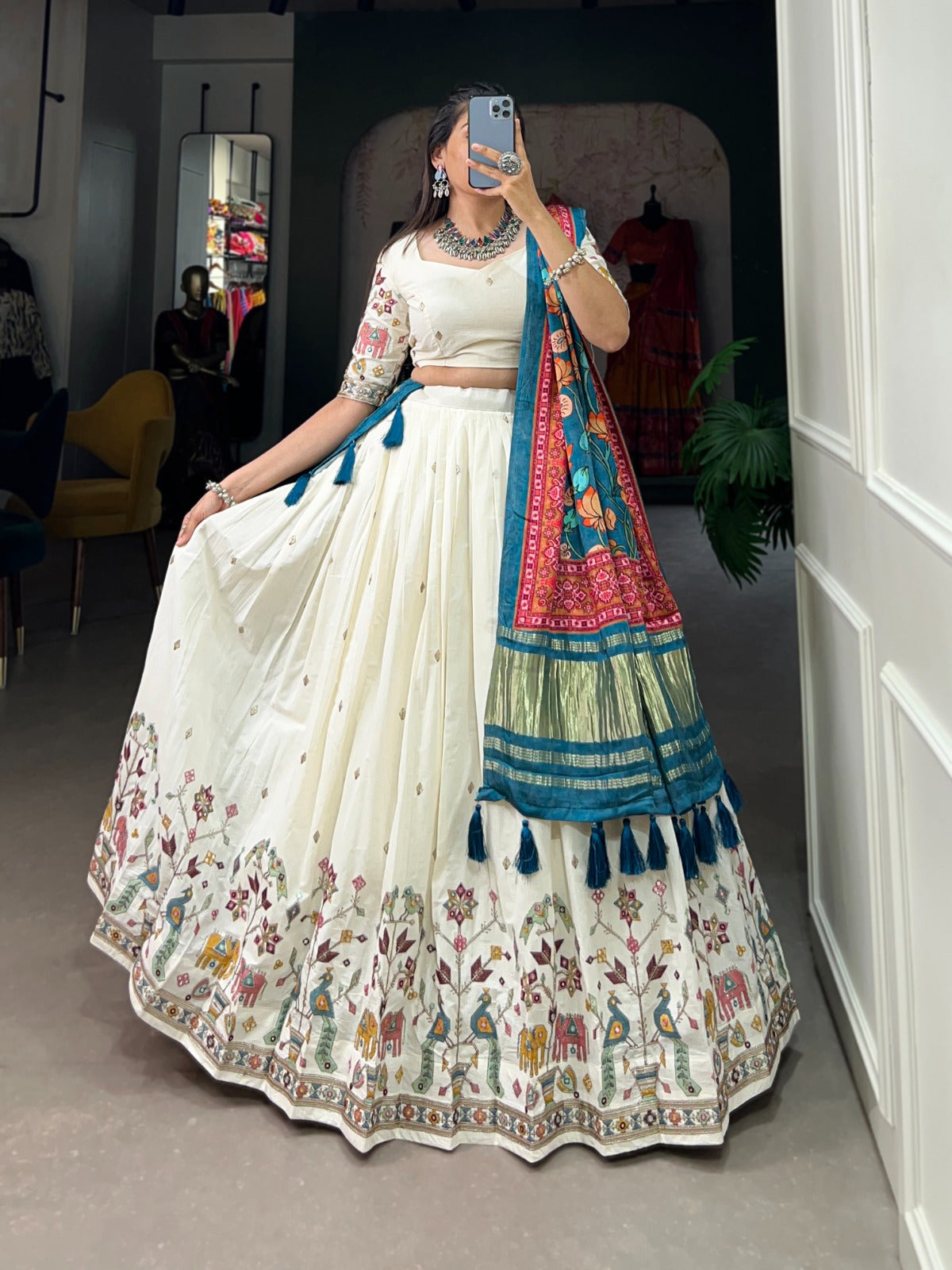 Peacock Design Khadi Cotton Sequins Embroidered Lehenga Choli