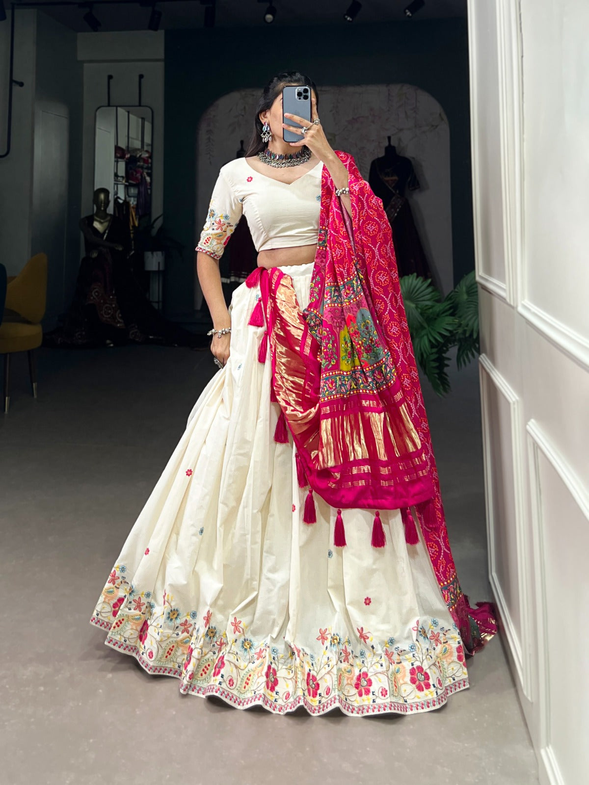Temple Design Khadi Cotton Sequins Embroidered Lehenga Choli