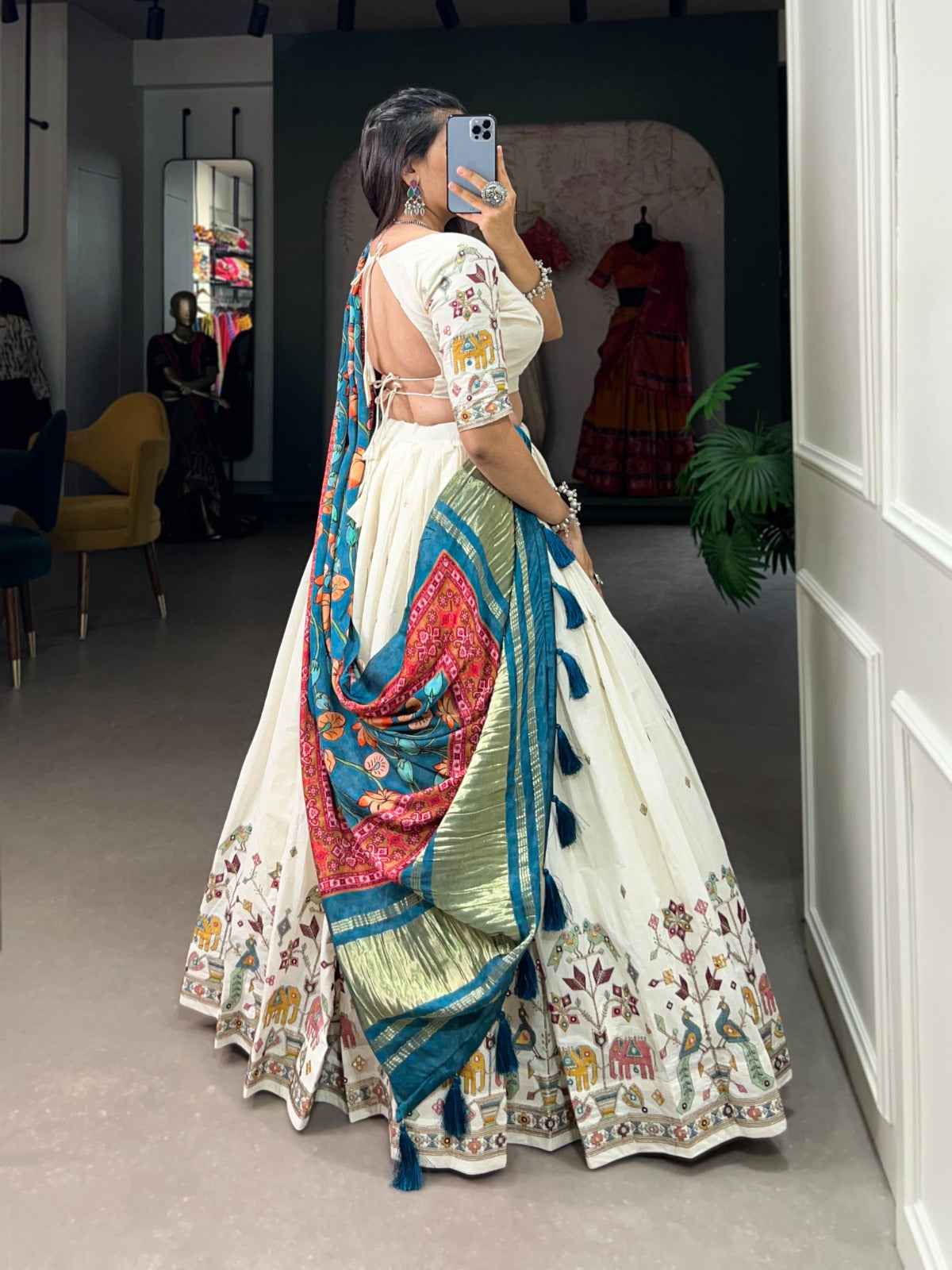 Peacock Design Khadi Cotton Sequins Embroidered Lehenga Choli