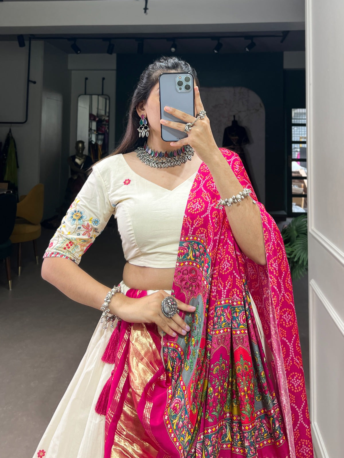 Temple Design Khadi Cotton Sequins Embroidered Lehenga Choli