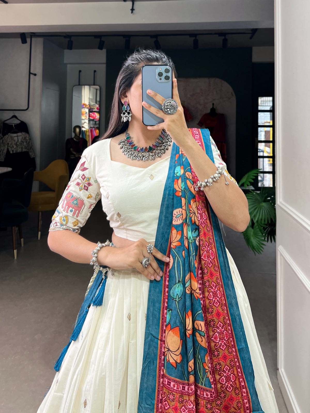 Peacock Design Khadi Cotton Sequins Embroidered Lehenga Choli