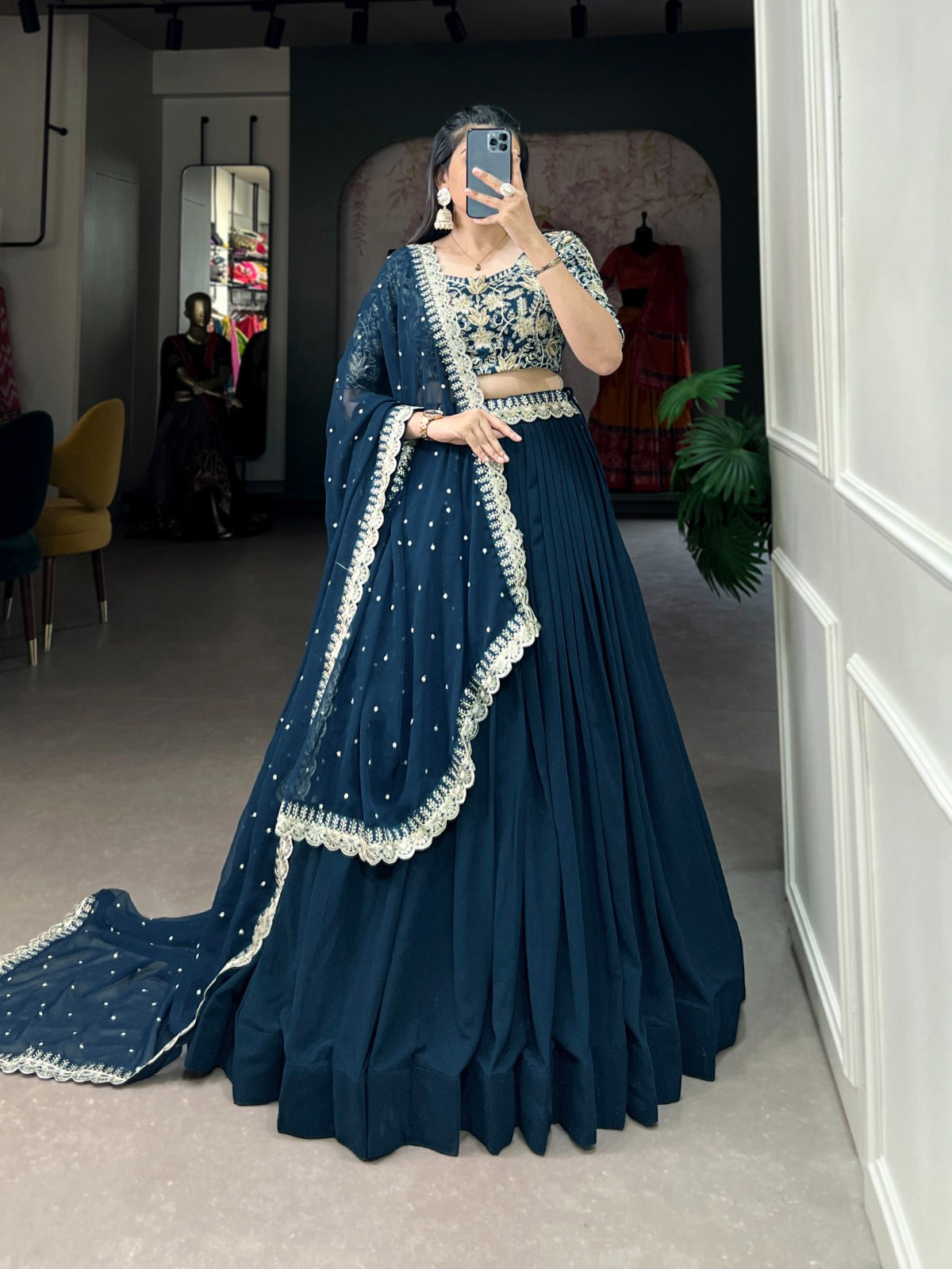 Royal Blue Sequins and Thread Embroidery Work Belt Georgette Lehenga Choli