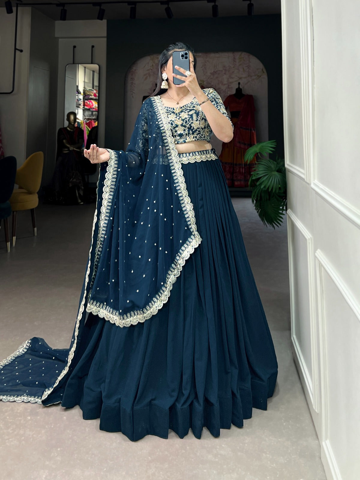 Royal Blue Sequins and Thread Embroidery Work Belt Georgette Lehenga Choli