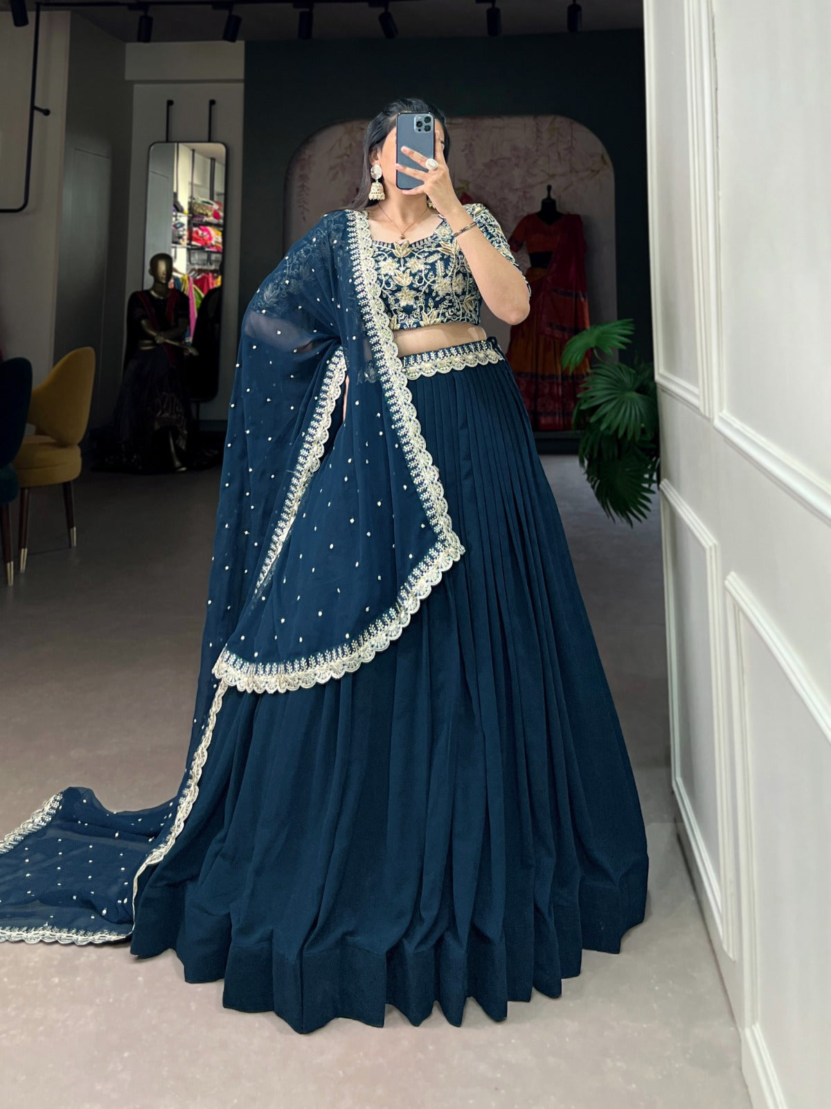 Royal Blue Sequins and Thread Embroidery Work Belt Georgette Lehenga Choli