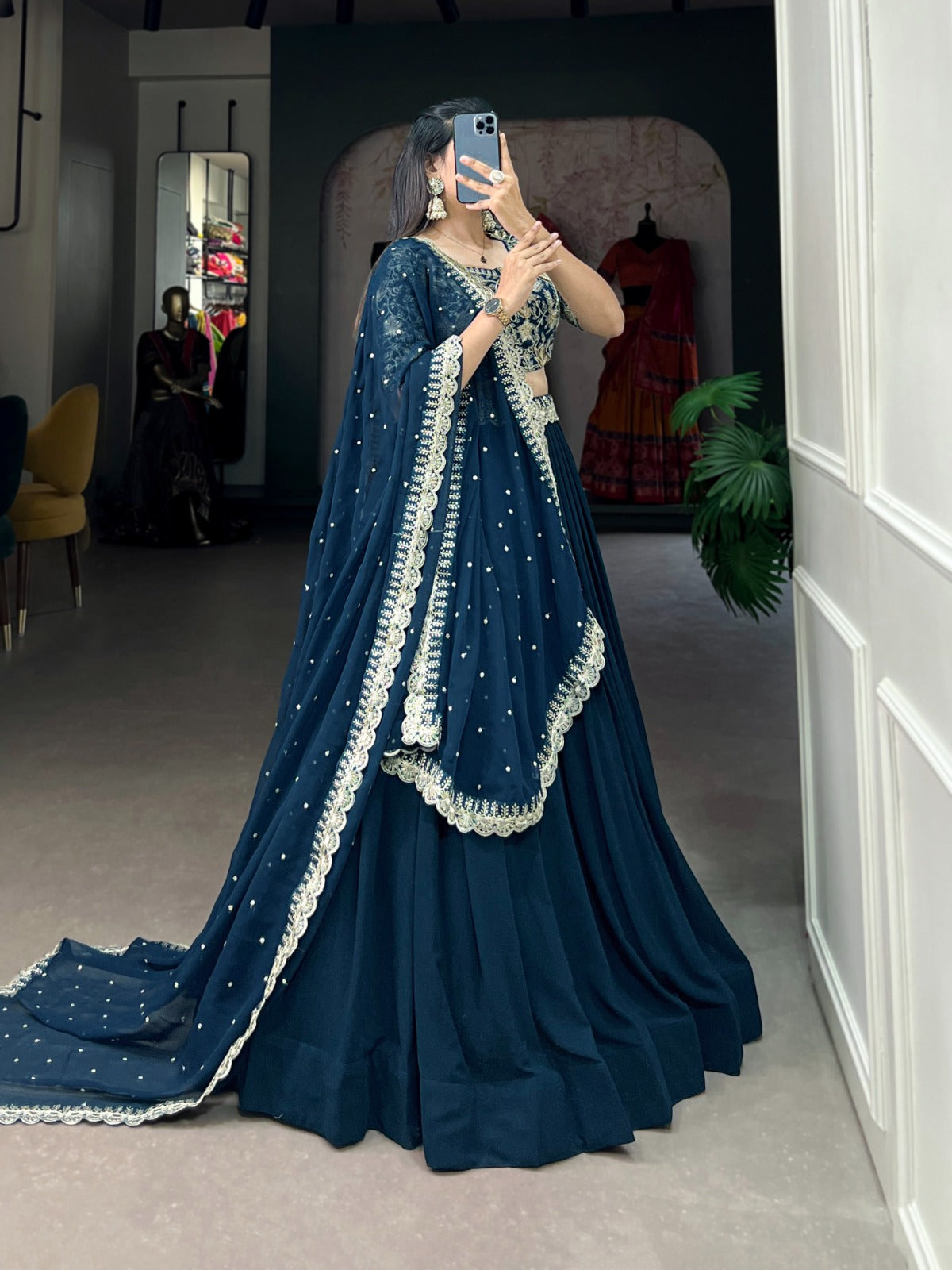 Royal Blue Sequins and Thread Embroidery Work Belt Georgette Lehenga Choli