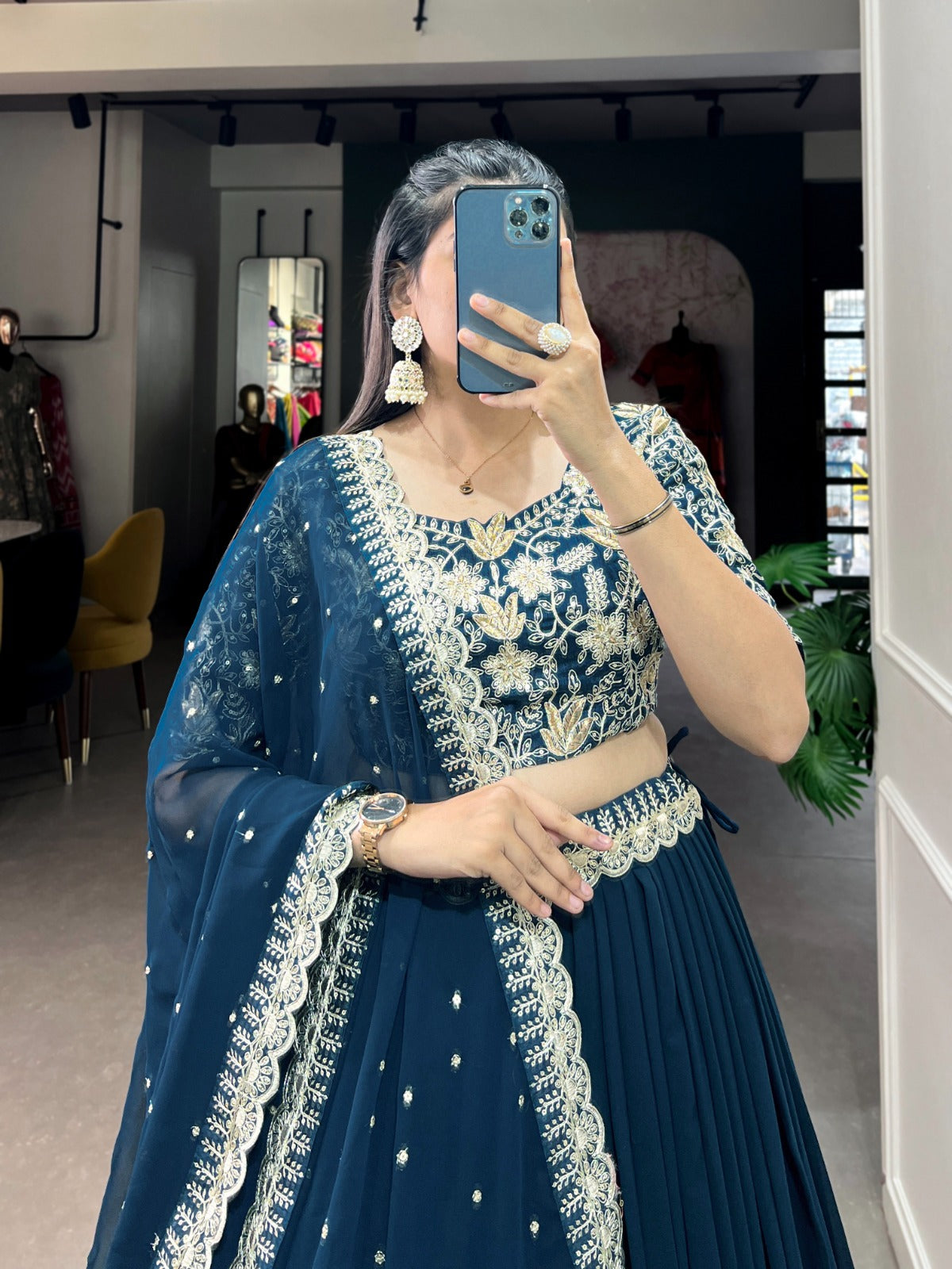 Royal Blue Sequins and Thread Embroidery Work Belt Georgette Lehenga Choli