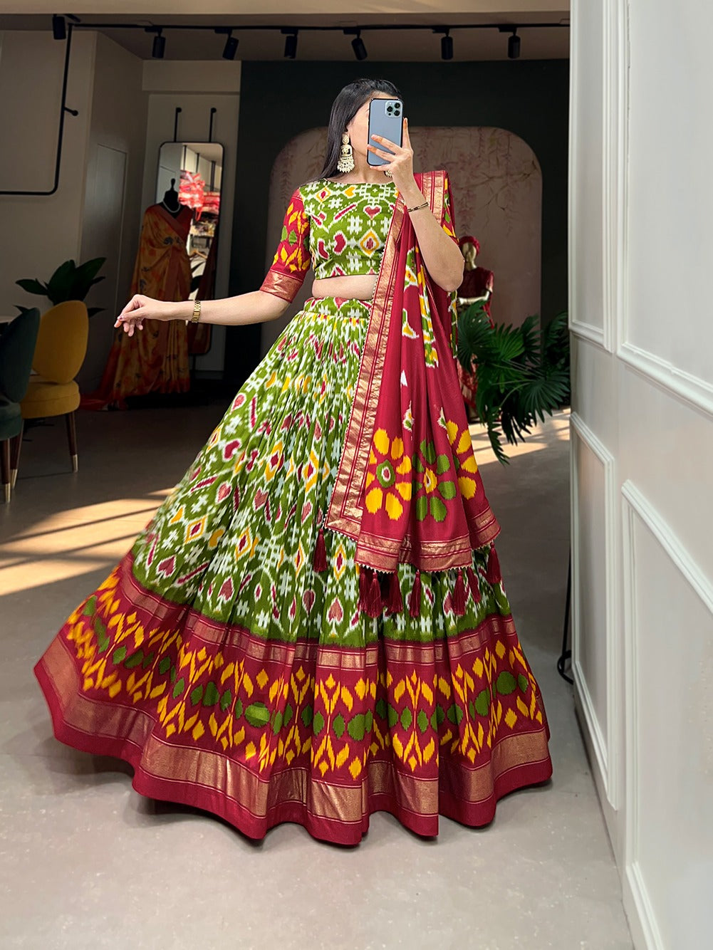 Moss Green Tussar Silk Patola Print Work  with Foil Print Lehenga Choli