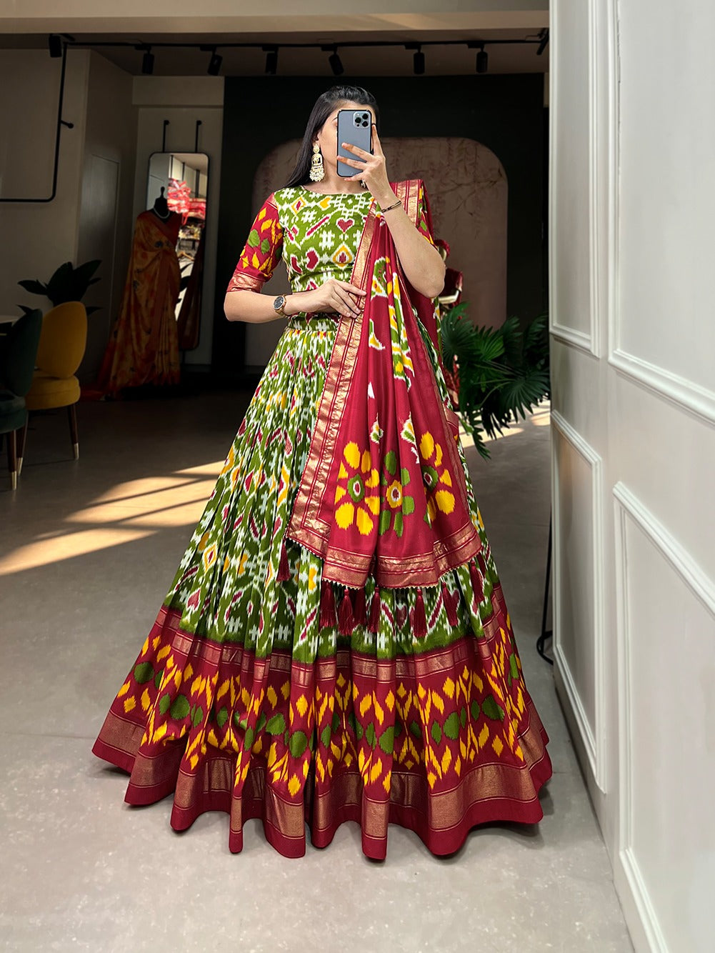 Moss Green Tussar Silk Patola Print Work  with Foil Print Lehenga Choli