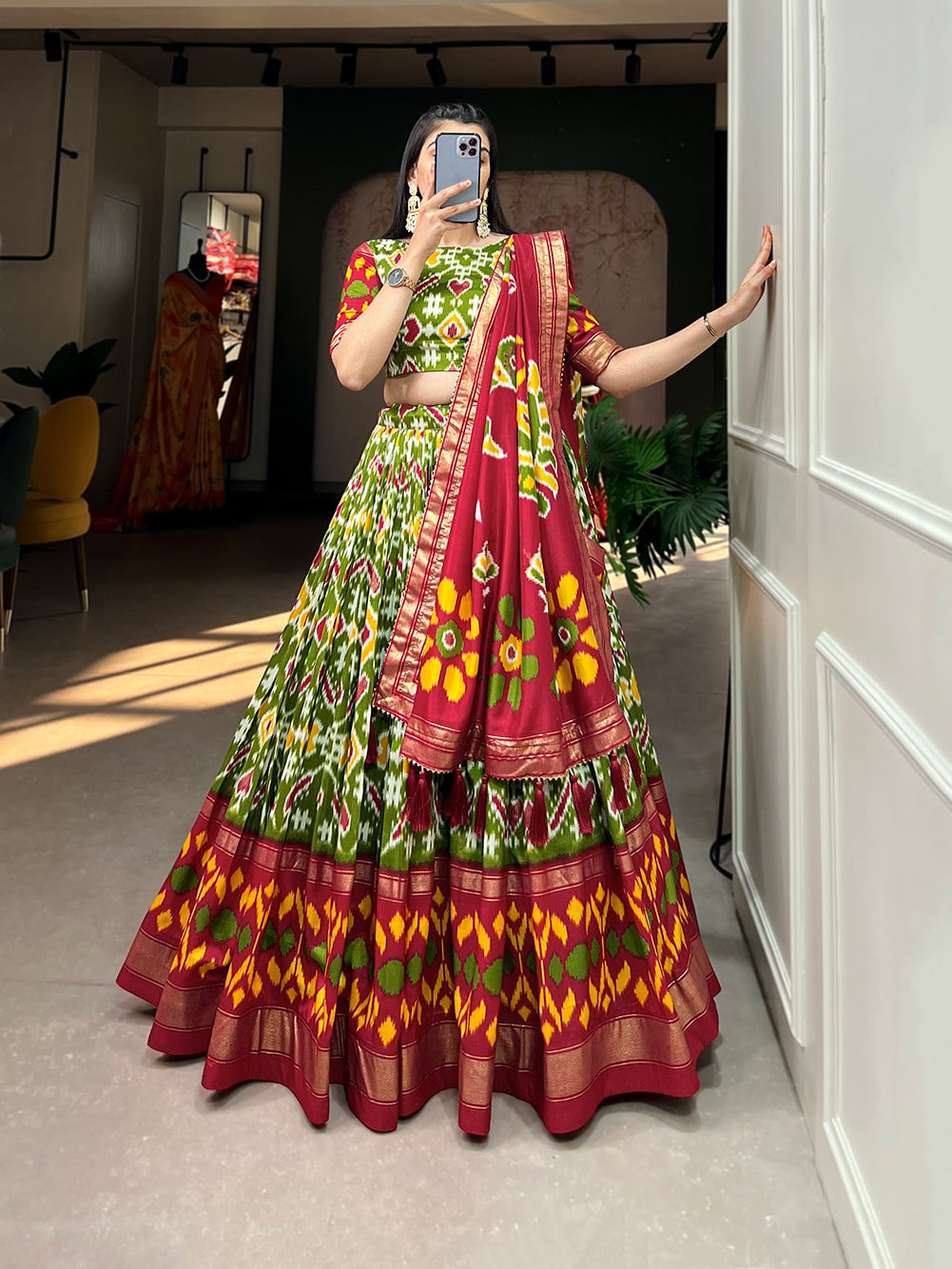 Moss Green Tussar Silk Patola Print Work  with Foil Print Lehenga Choli